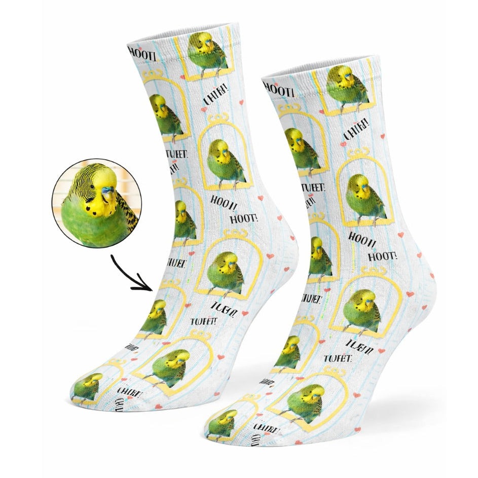 Pair of socks with a parrot design on a white background