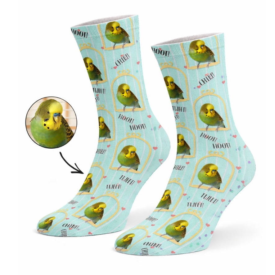 Light blue socks with green parakeet pattern on a white background