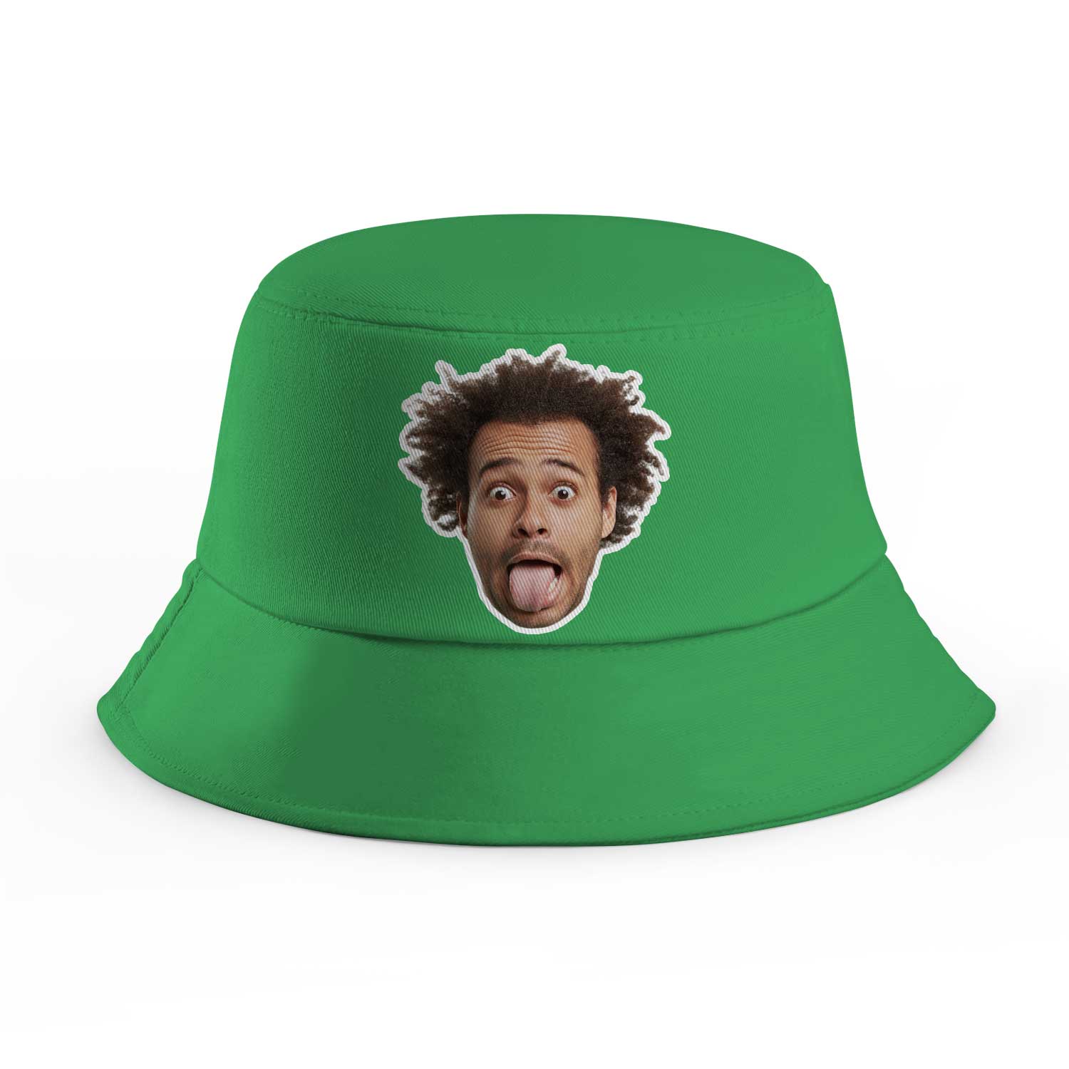 Green bucket hat with a face design on a white background