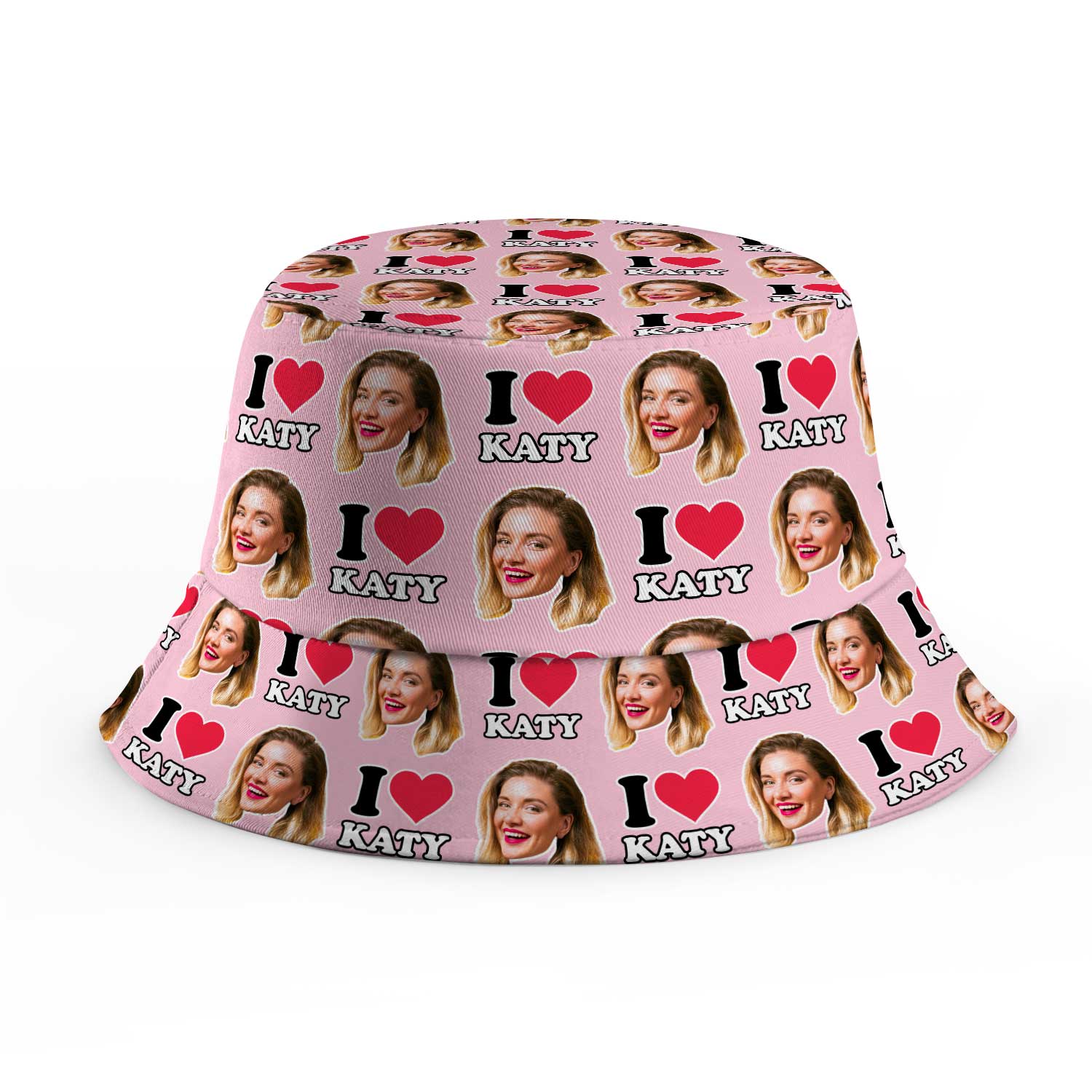 Pink bucket hat with 'I ❤️ Katy' text and images on a white background