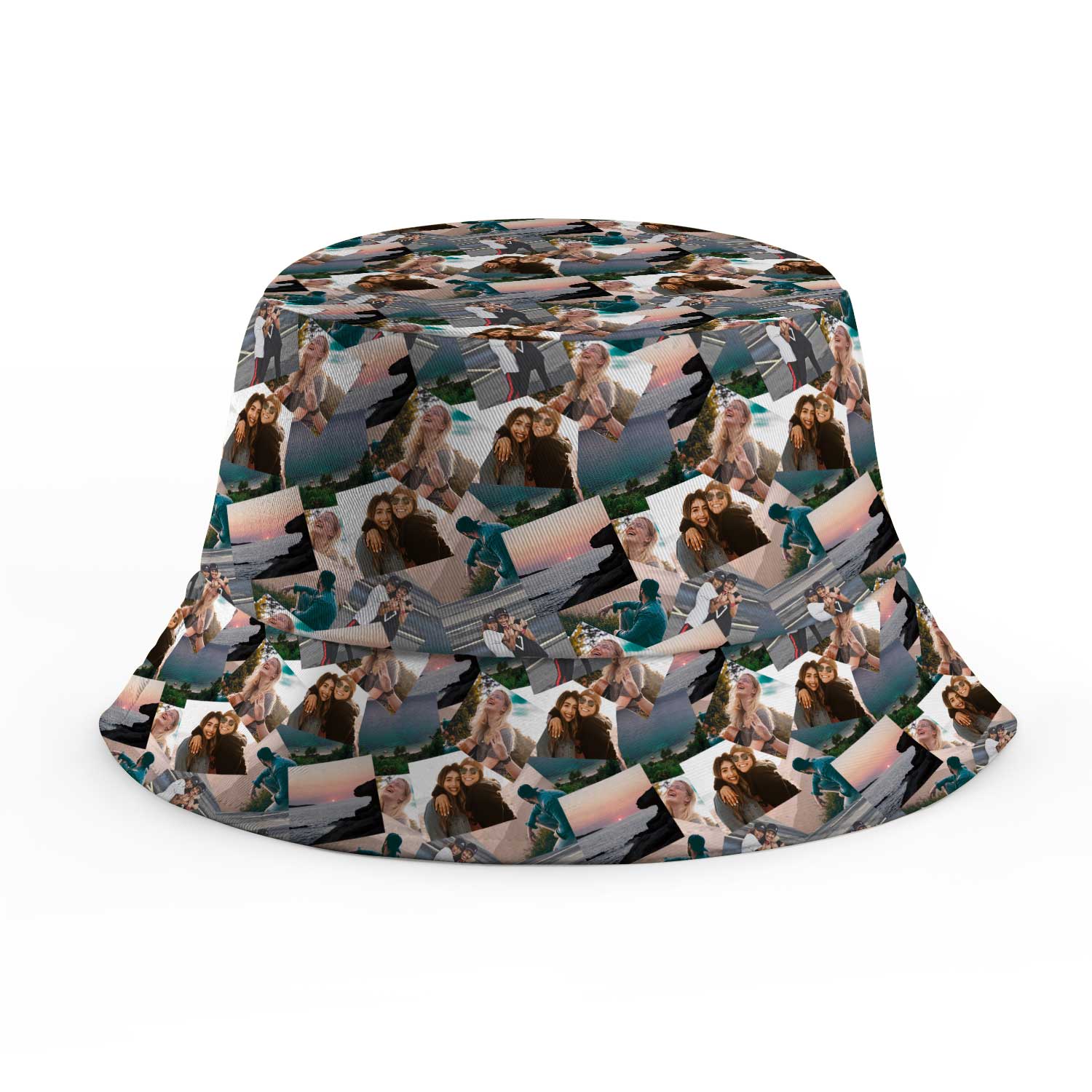 Bucket hat with collage pattern on a white background
