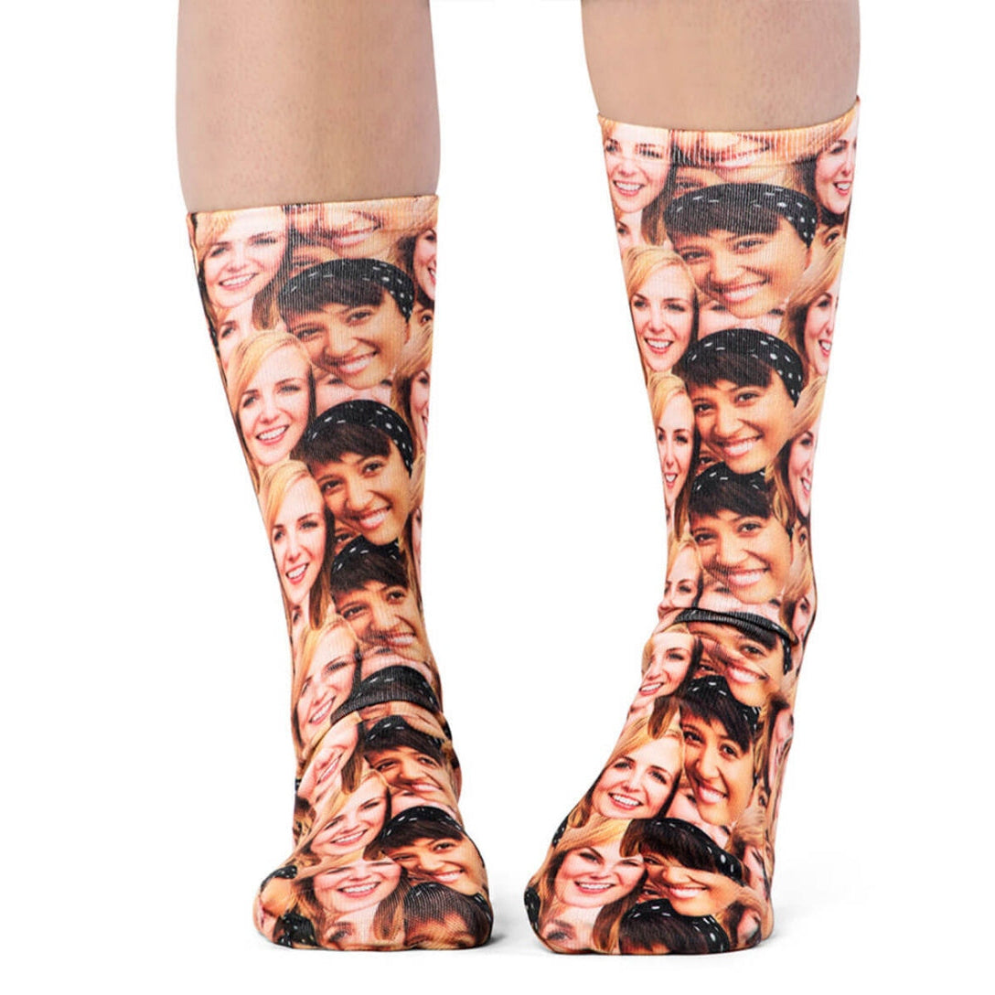 Socks with a collage of faces printed on them against a white background