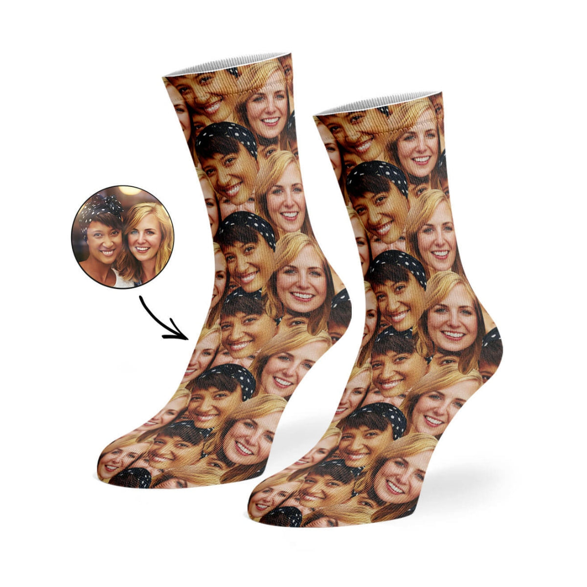 Socks with a collage of a woman's face on a white background