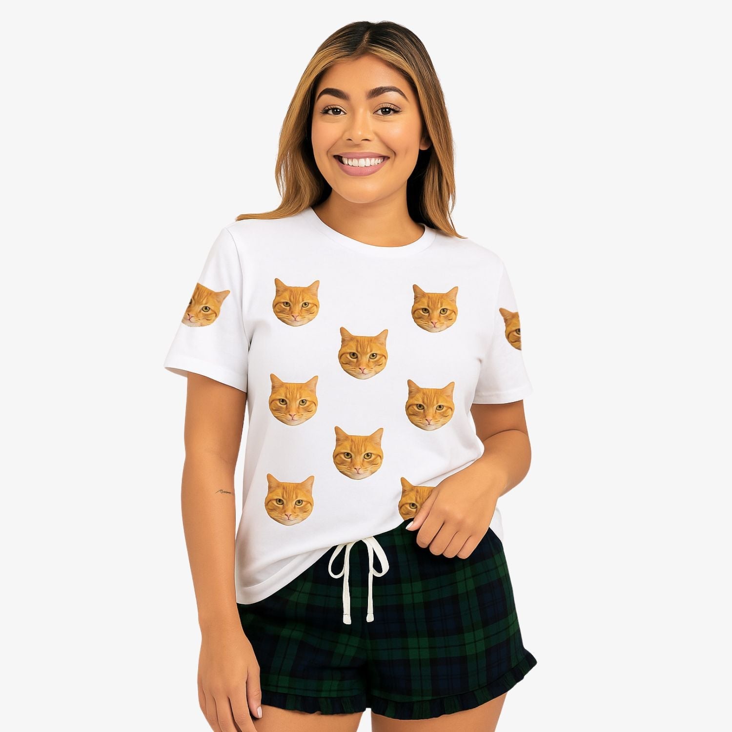 Women's Cat Pajamas - Green Navy Tartan Shorts