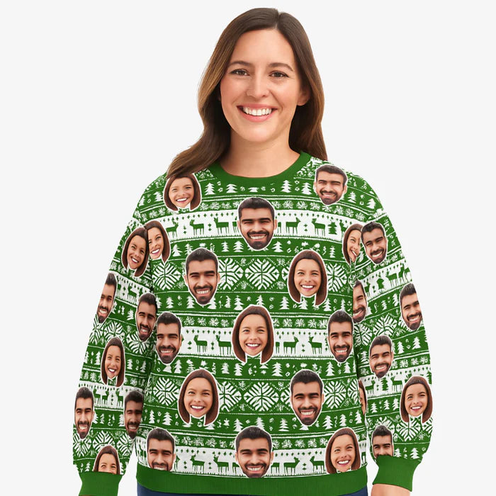 Your Face Green Nordic Snowflakes & Hearts Personalized Christmas Sweater