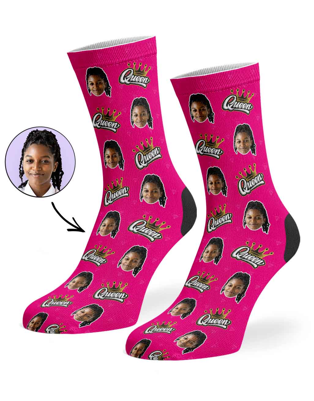 A pair of pink custom socks with a photo of a person's face and the text 'Queen' uploaded to the design interface.