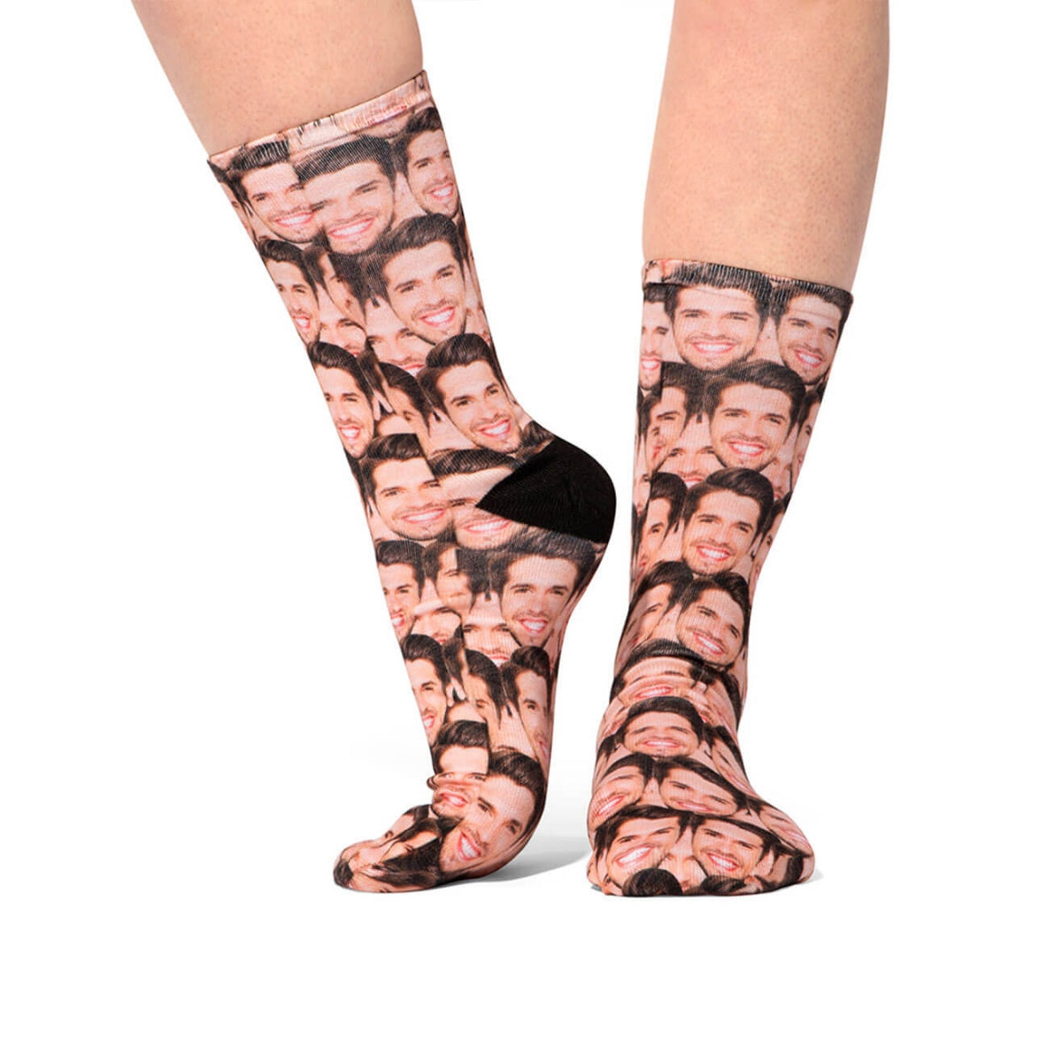 Socks with a pattern of a person's face on a white background