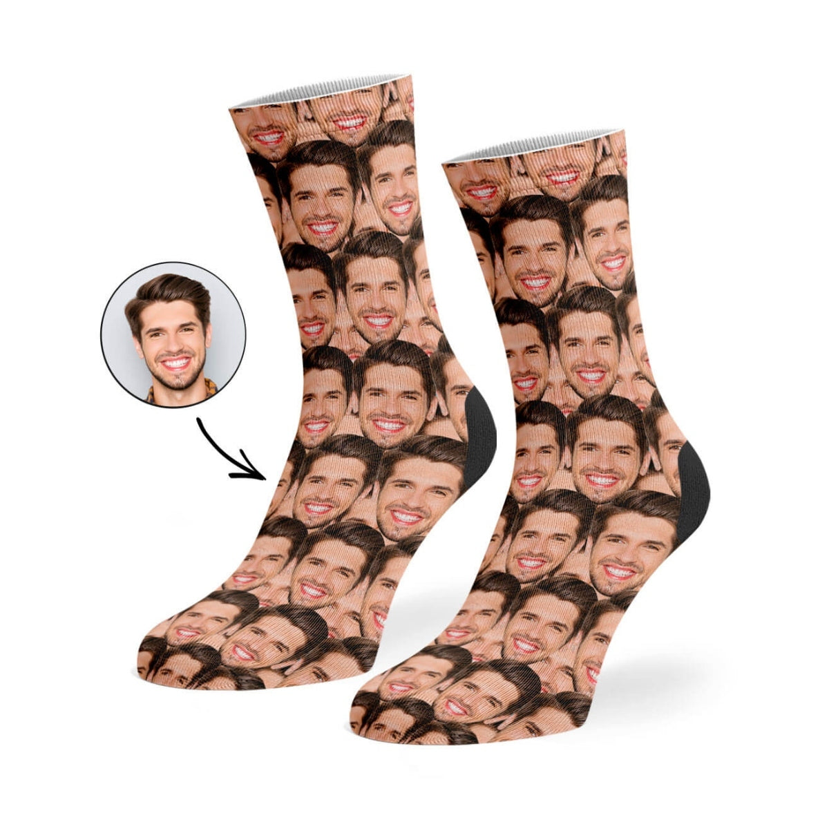 Socks with a pattern of a smiling person's face on a white background