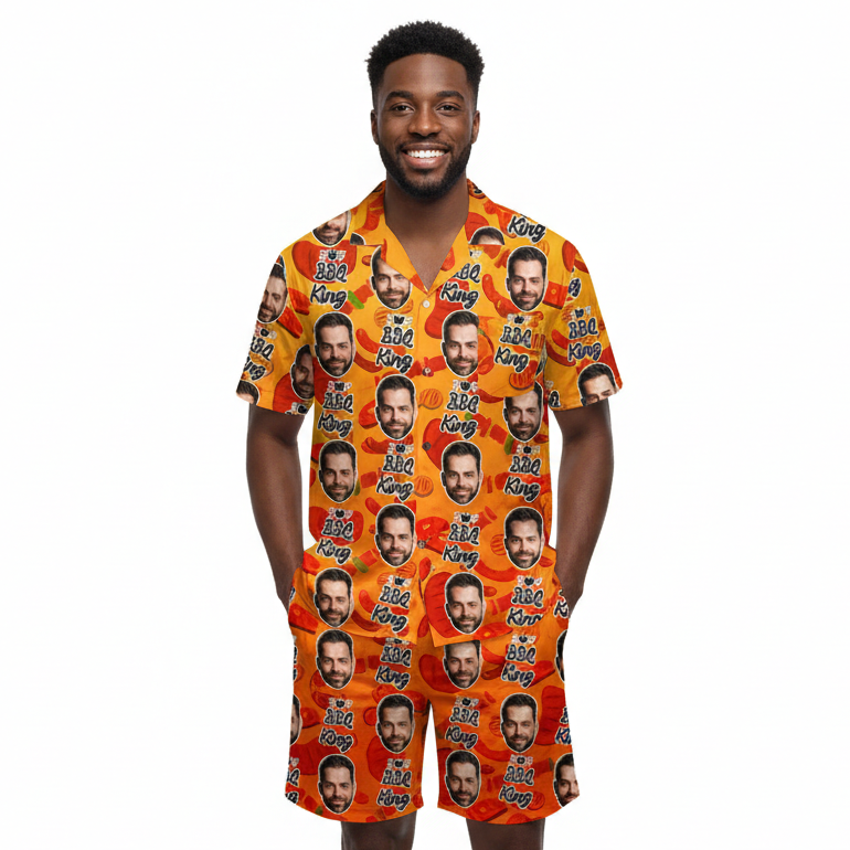 Man wearing a matching shirt and shorts set with a repeated face pattern on an orange background