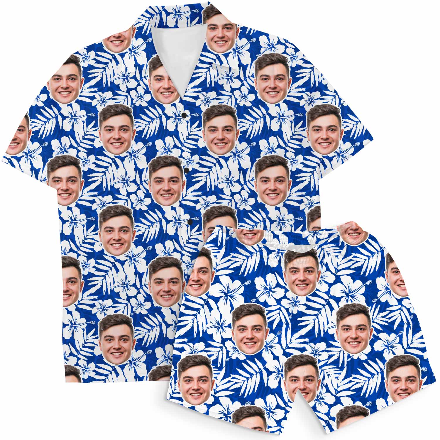 Blue Floral Personalized Hawaiian Shirt Shorts Set