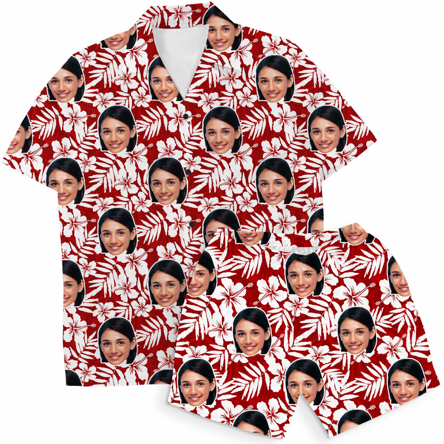 Red Floral Personalized Hawaiian Shirt Shorts Set