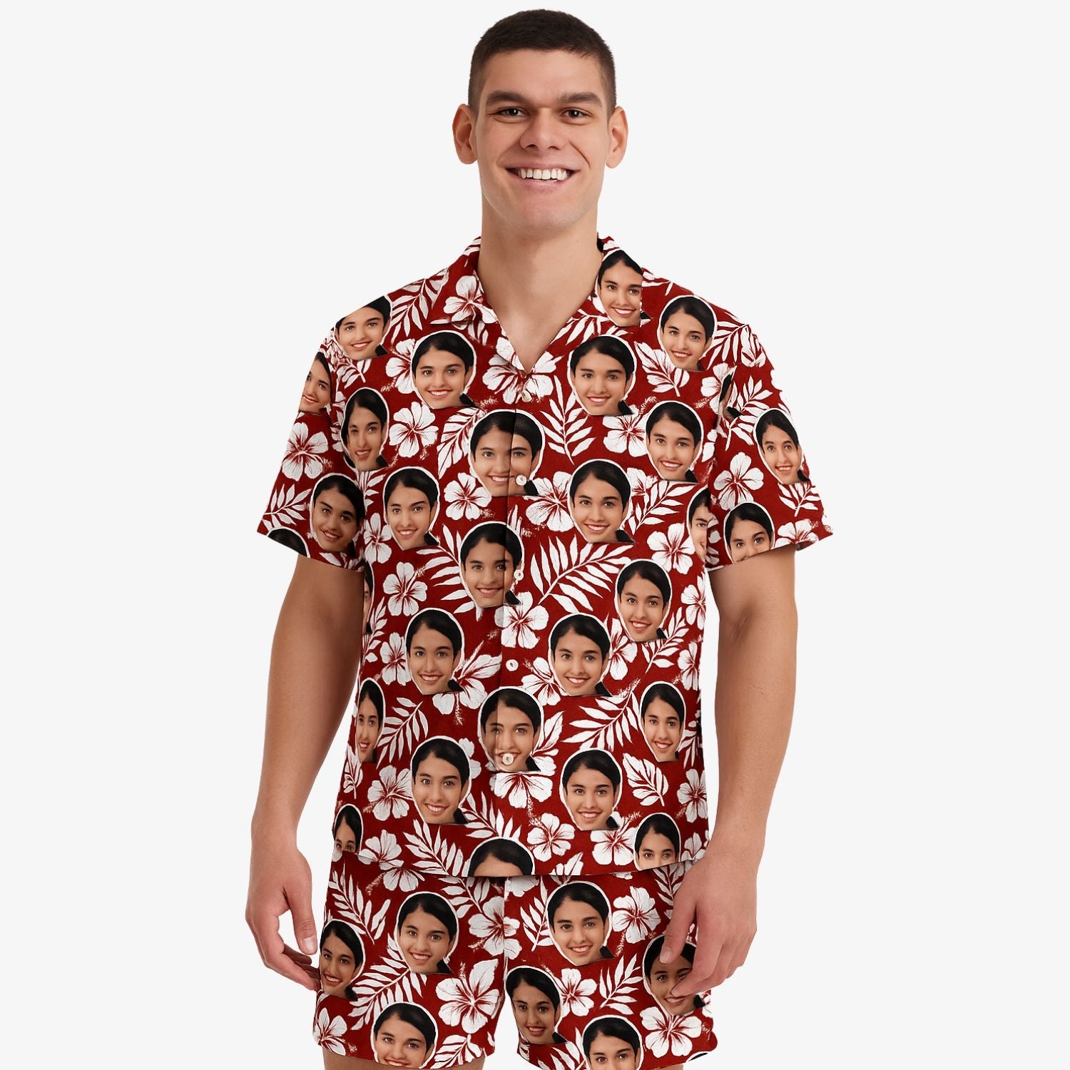 Red Floral Personalized Hawaiian Shirt Shorts Set
