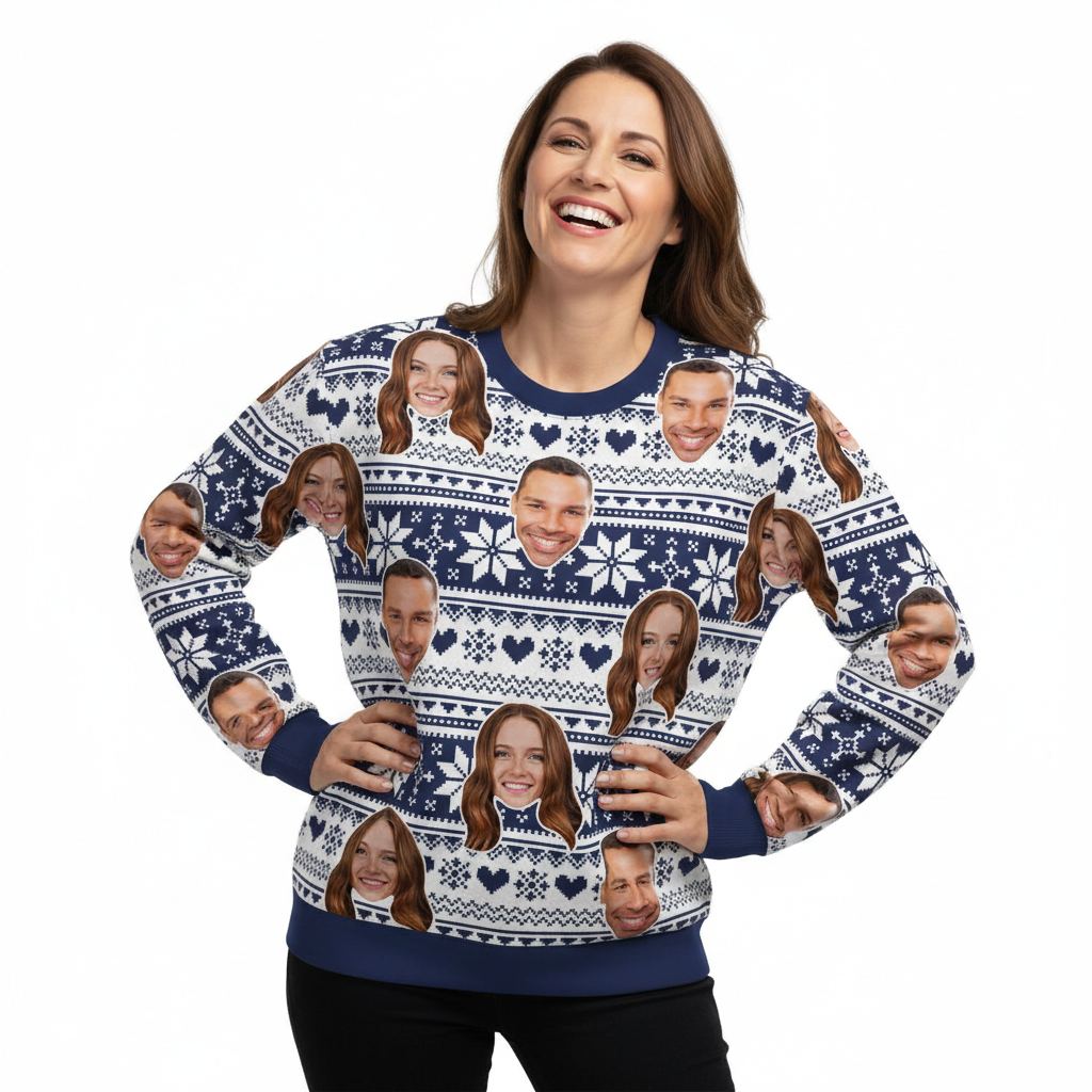 Your Face Navy Nordic Snowflakes & Hearts Personalized Christmas Sweater