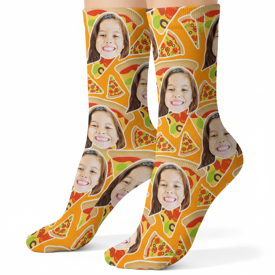 Colorful socks with pizza design and multiple faces on a white background