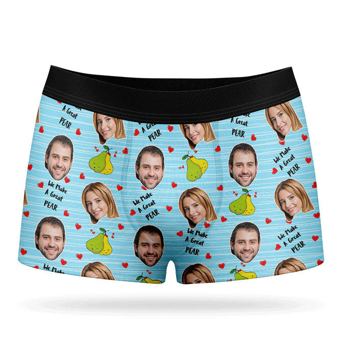 A pair of custom boxer shorts with multiple faces printed in a repeating pattern on a yellow background.