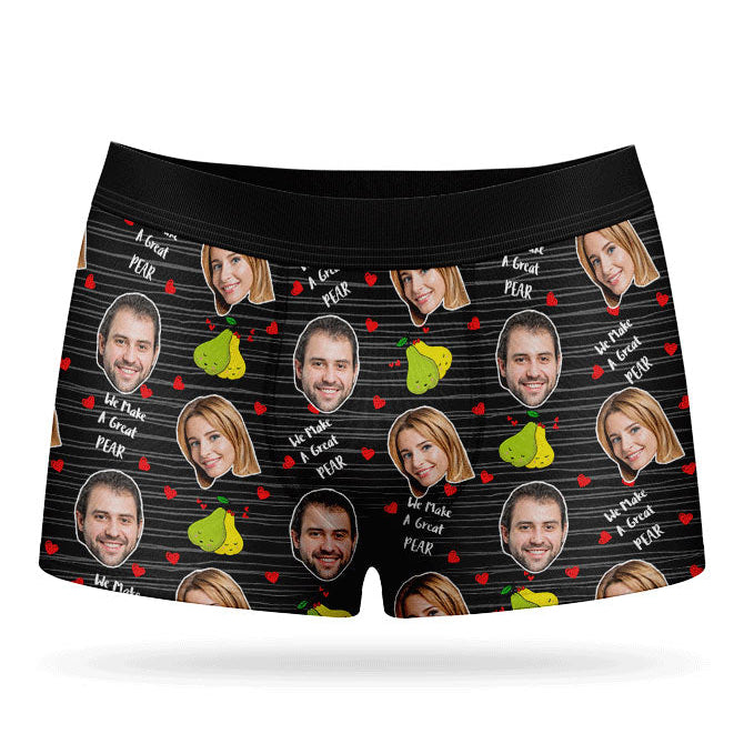 A pair of custom boxer shorts with multiple faces printed in a repeating pattern on a yellow background.