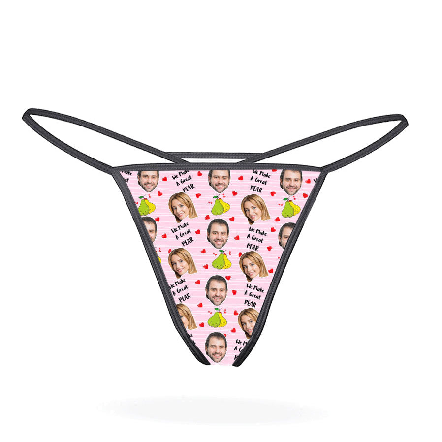 This image displays a custom thong designed with a playful and personal touch. The thong features a vibrant print of multiple faces, creating a unique and humorous appearance.