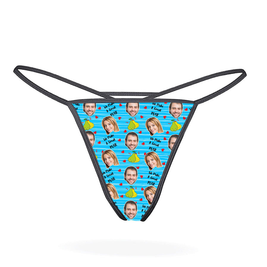 This image displays a custom thong designed with a playful and personal touch. The thong features a vibrant print of multiple faces, creating a unique and humorous appearance.