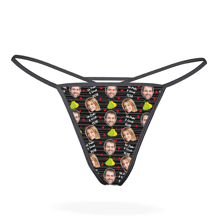 This image displays a custom thong designed with a playful and personal touch. The thong features a vibrant print of multiple faces, creating a unique and humorous appearance.