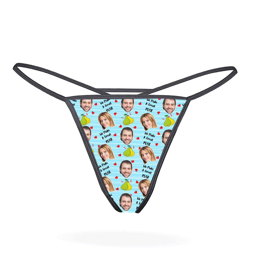 This image displays a custom thong designed with a playful and personal touch. The thong features a vibrant print of multiple faces, creating a unique and humorous appearance.