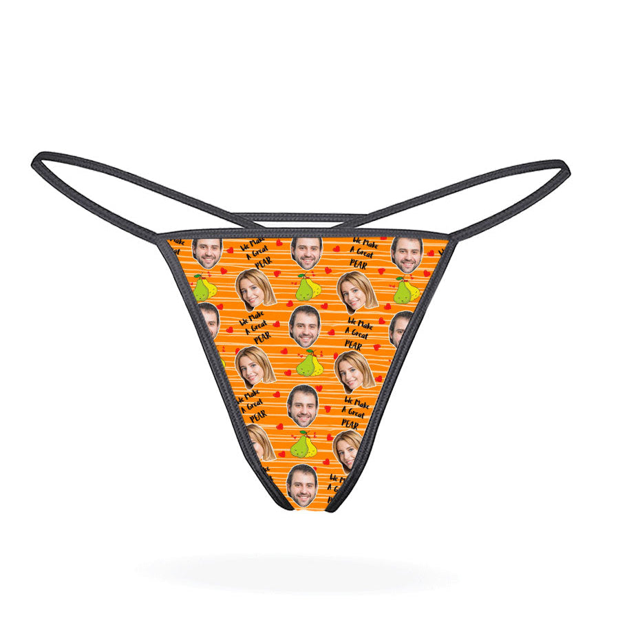 This image displays a custom thong designed with a playful and personal touch. The thong features a vibrant print of multiple faces, creating a unique and humorous appearance.