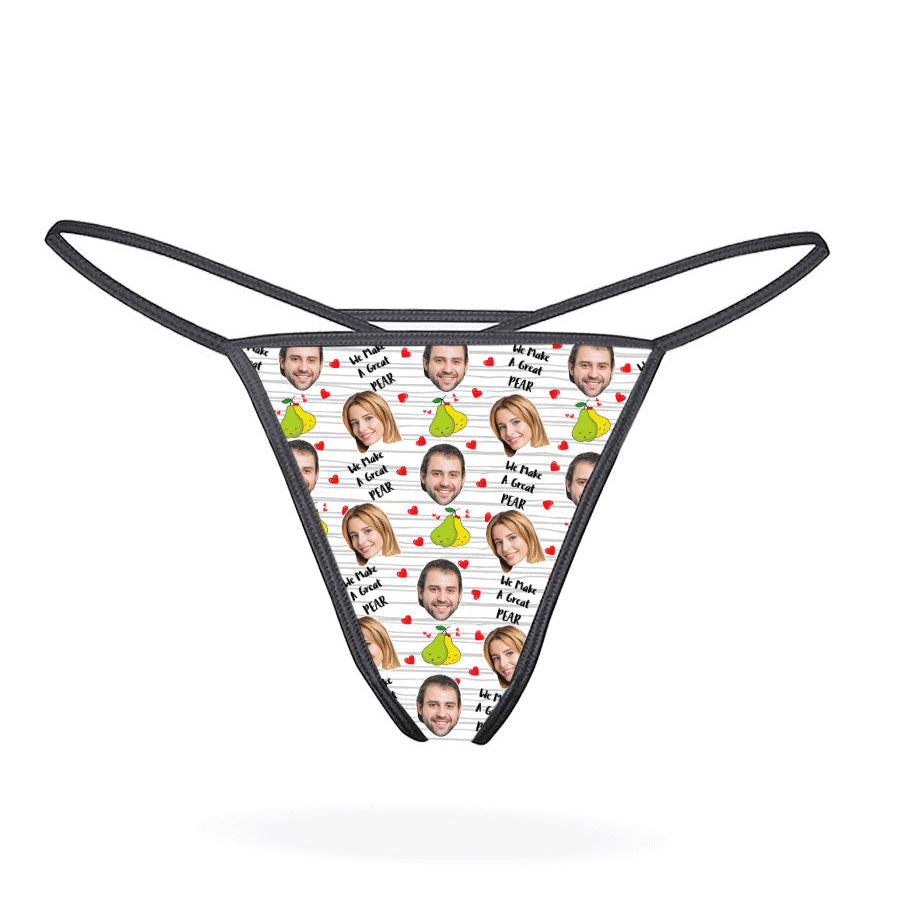 This image displays a custom thong designed with a playful and personal touch. The thong features a vibrant print of multiple faces, creating a unique and humorous appearance.