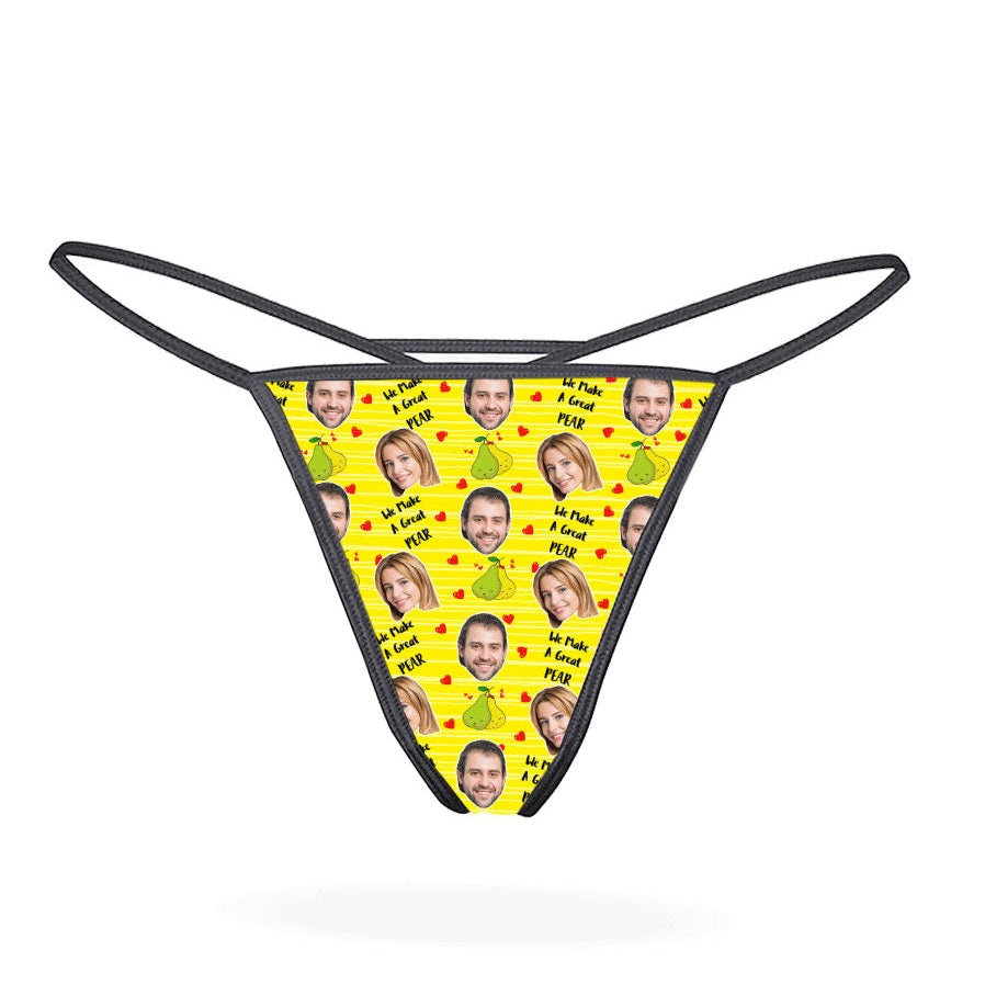 This image displays a custom thong designed with a playful and personal touch. The thong features a vibrant print of multiple faces, creating a unique and humorous appearance.