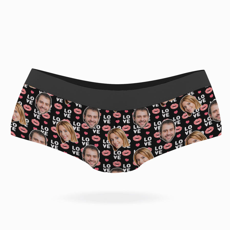 A pair of custom-printed panties with a blue background and lips, as well as a photo of a couple uploaded to the design interface.