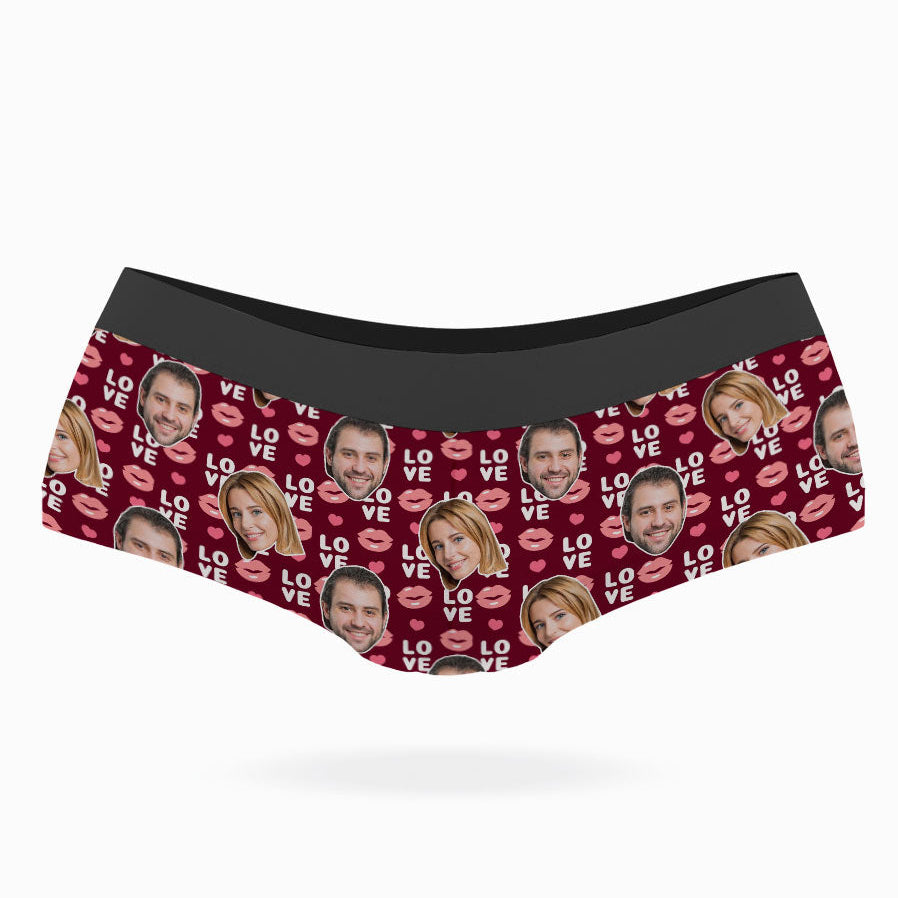 A pair of custom-printed panties with a blue background and lips, as well as a photo of a couple uploaded to the design interface.