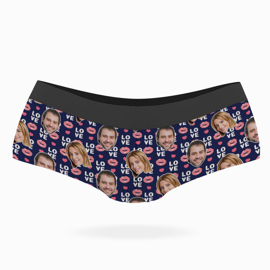 A pair of custom-printed panties with a blue background and lips, as well as a photo of a couple uploaded to the design interface.