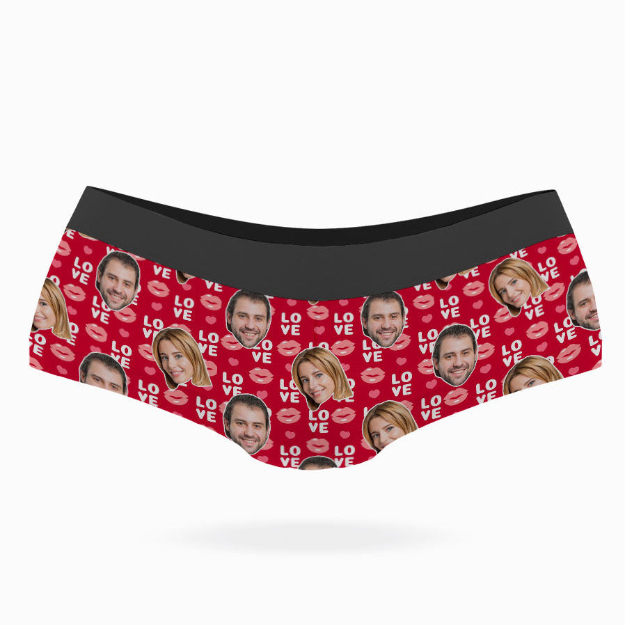 A pair of custom-printed panties with a blue background and lips, as well as a photo of a couple uploaded to the design interface.