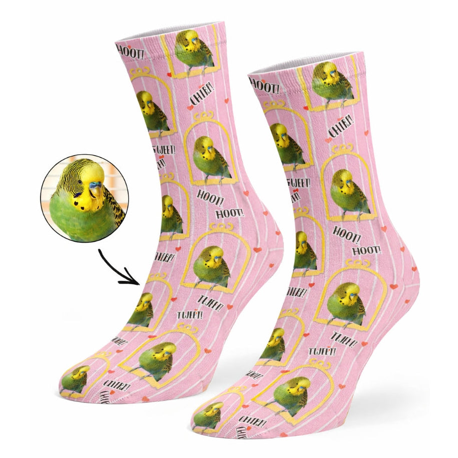 Pink socks with green parrot design on a white background