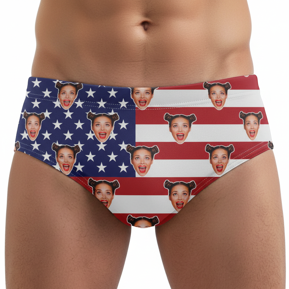 Underwear with American flag pattern and multiple faces on a white background