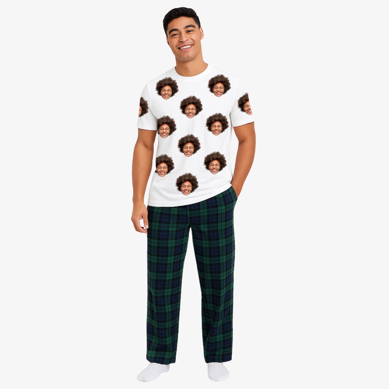 Men's Face Pajamas - Green Navy Pants Set
