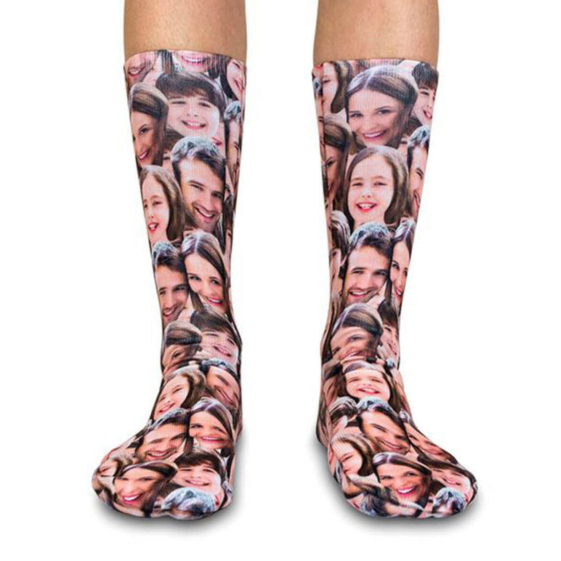 Knee-high socks with a collage of faces pattern on a white background