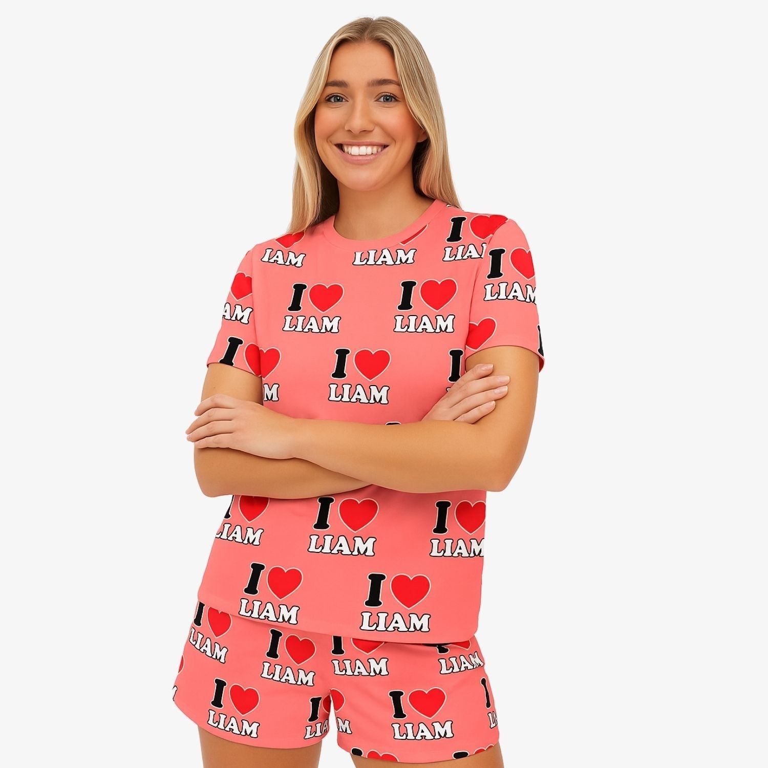 Personalized Women's PJ Shorts Set i Heart your name All-Over Print
