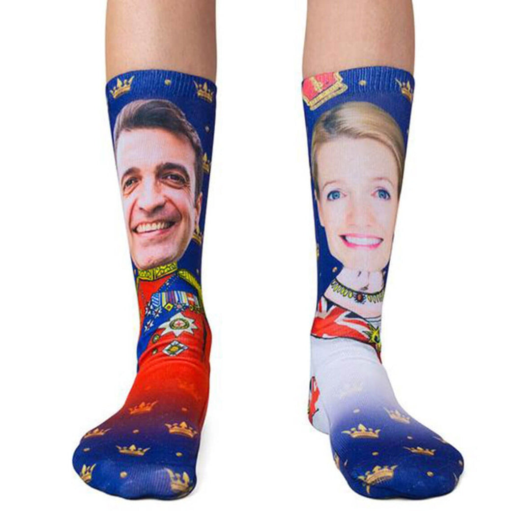 Socks with printed faces on a white background