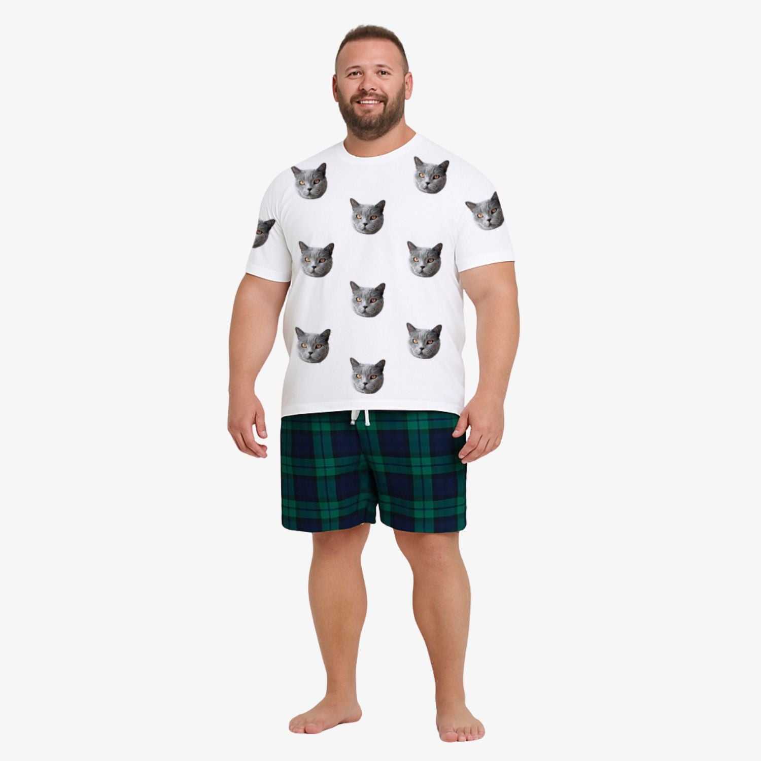 Men's Cat Pajamas - Green Navy Tartan Shorts Set