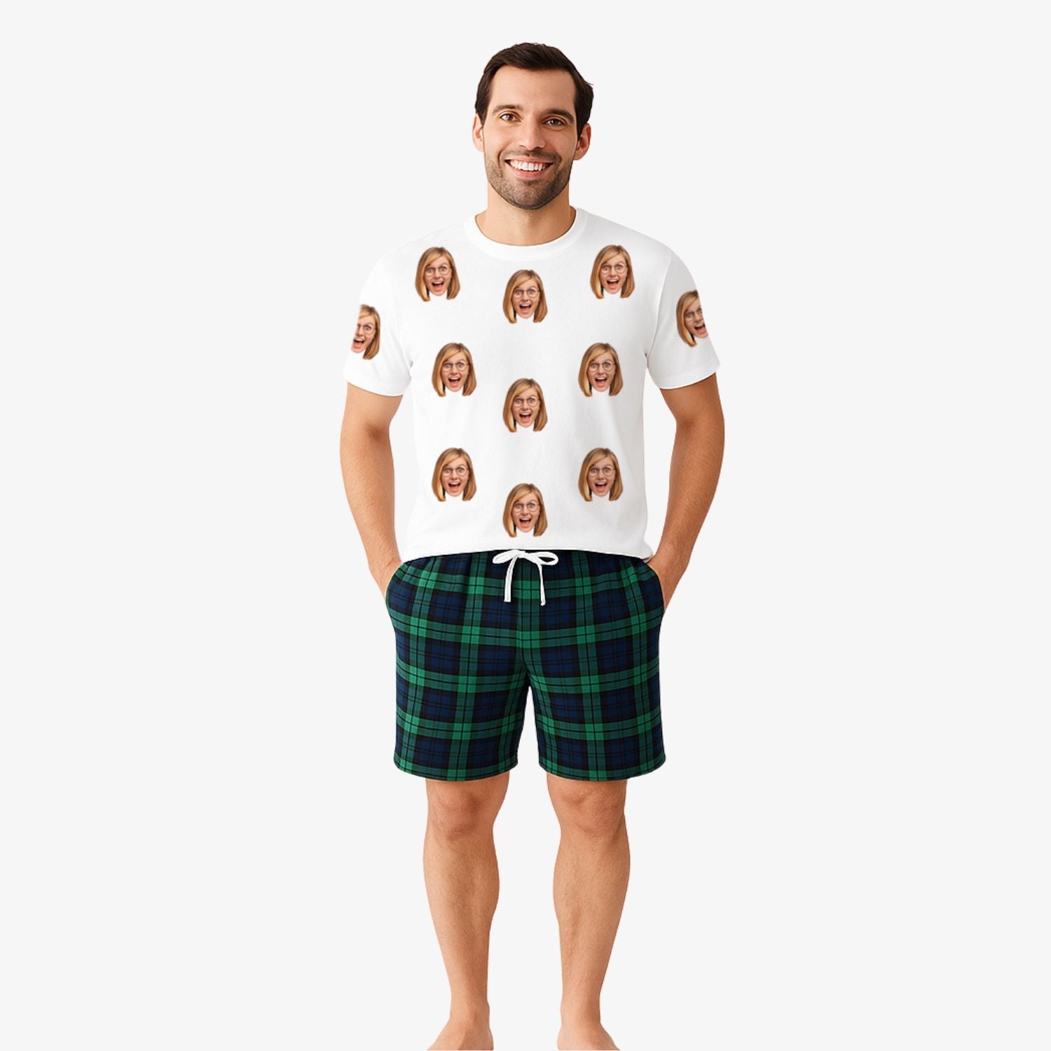 Men's Face Pajamas - Green Navy Tartan Shorts Set