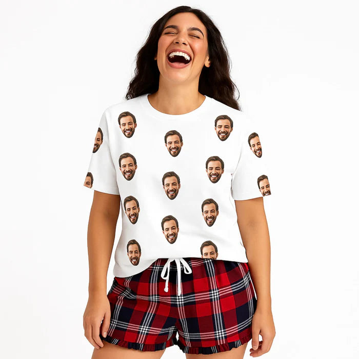 Women's Custom Face Pajamas - Tartan Shorts Set