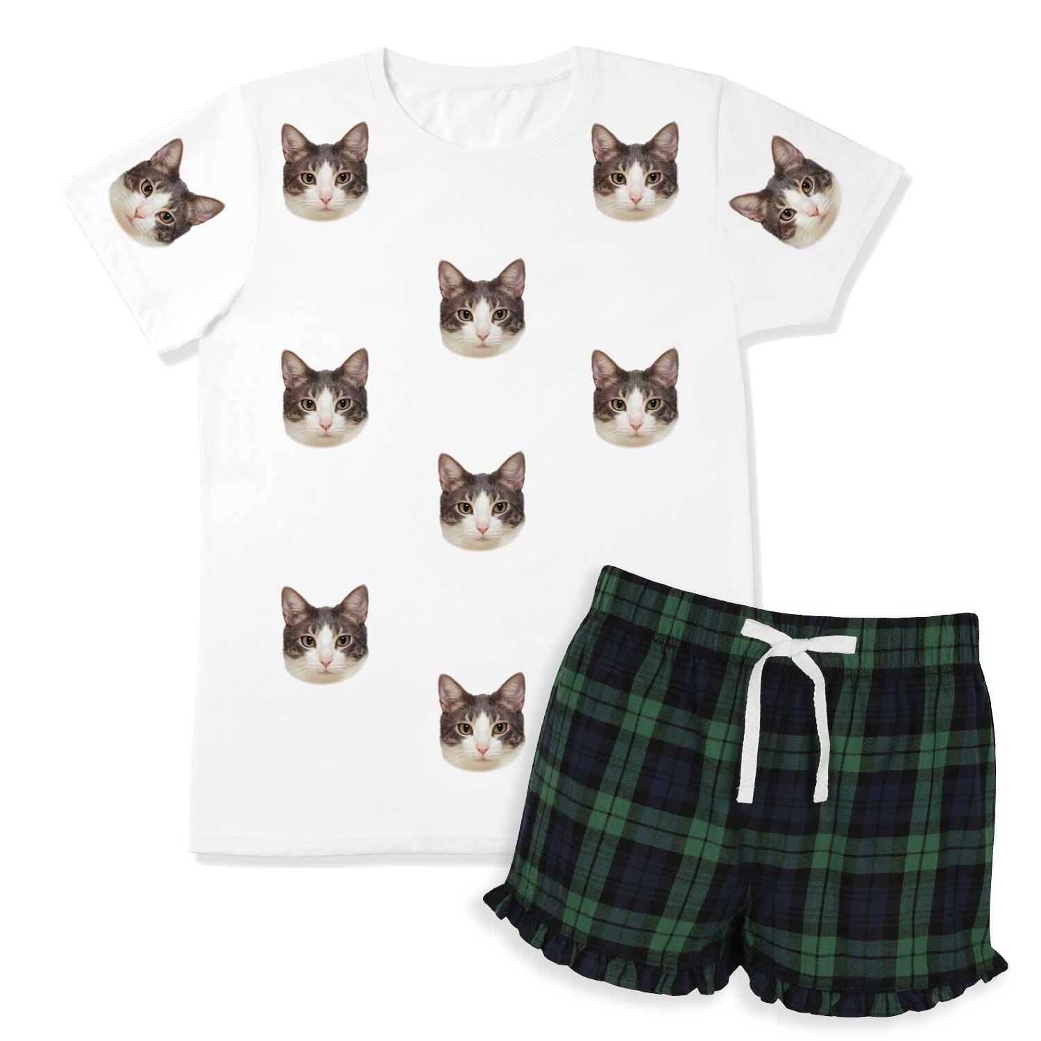 Women's Cat Pajamas - Green Navy Tartan Shorts Set