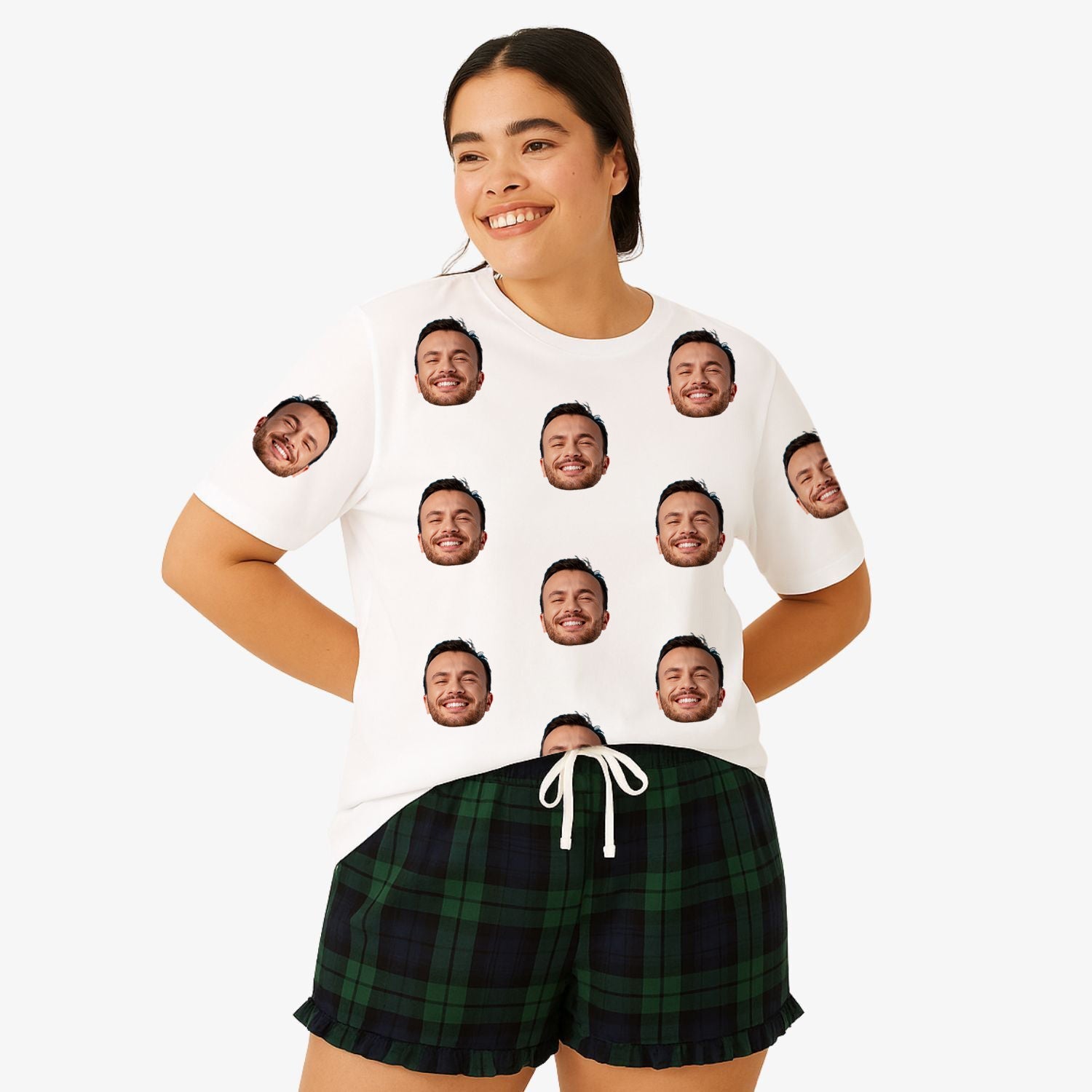 Women's Face Pajamas custom Green Navy Tartan Shorts