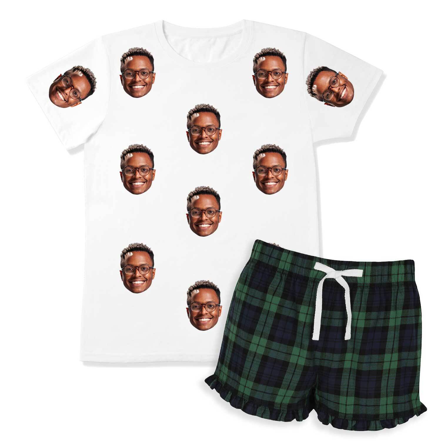 Women's Face Pajamas - Green Navy Tartan Shorts Set