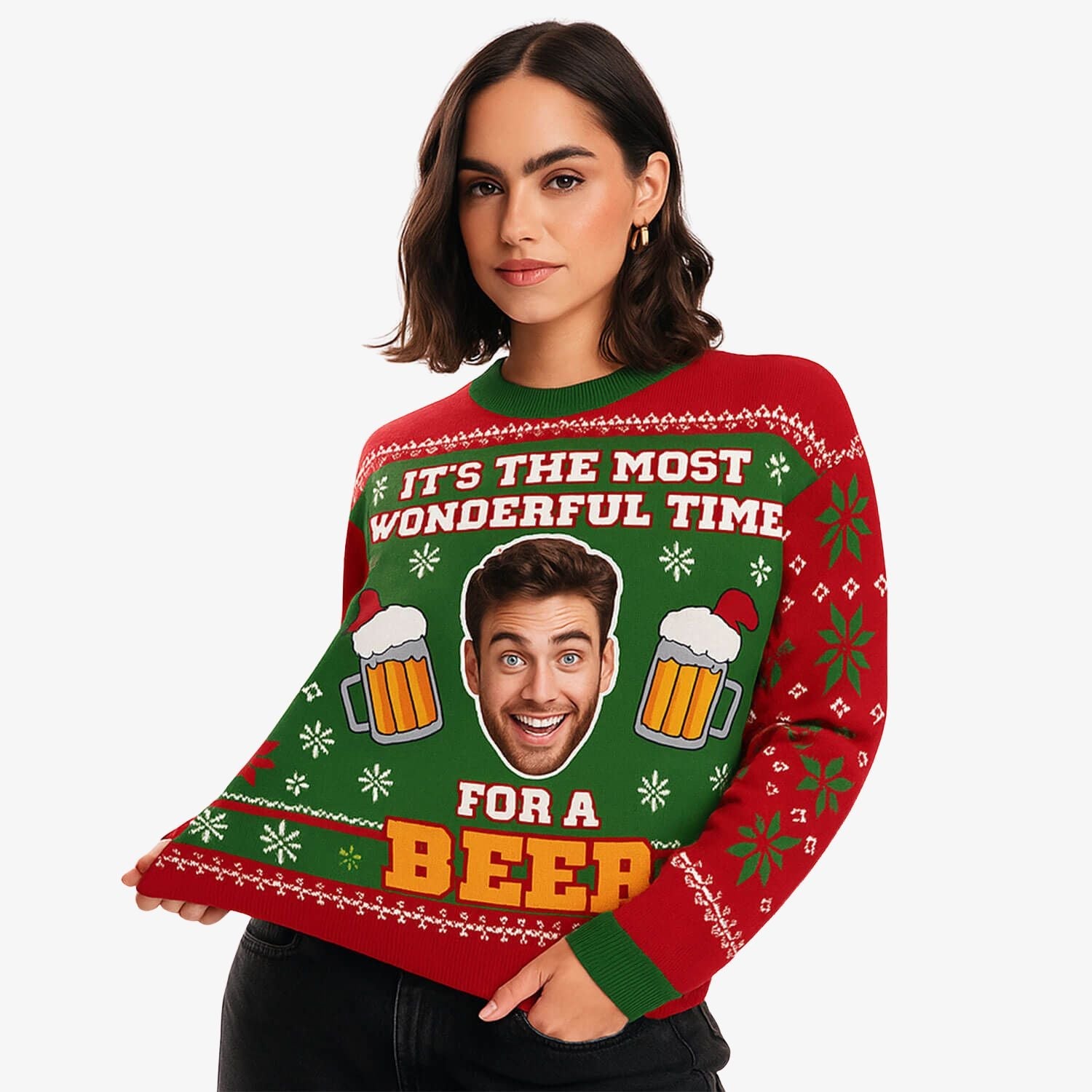 Most Wonderful Time For A Beer Face Personalized Christmas Jumper