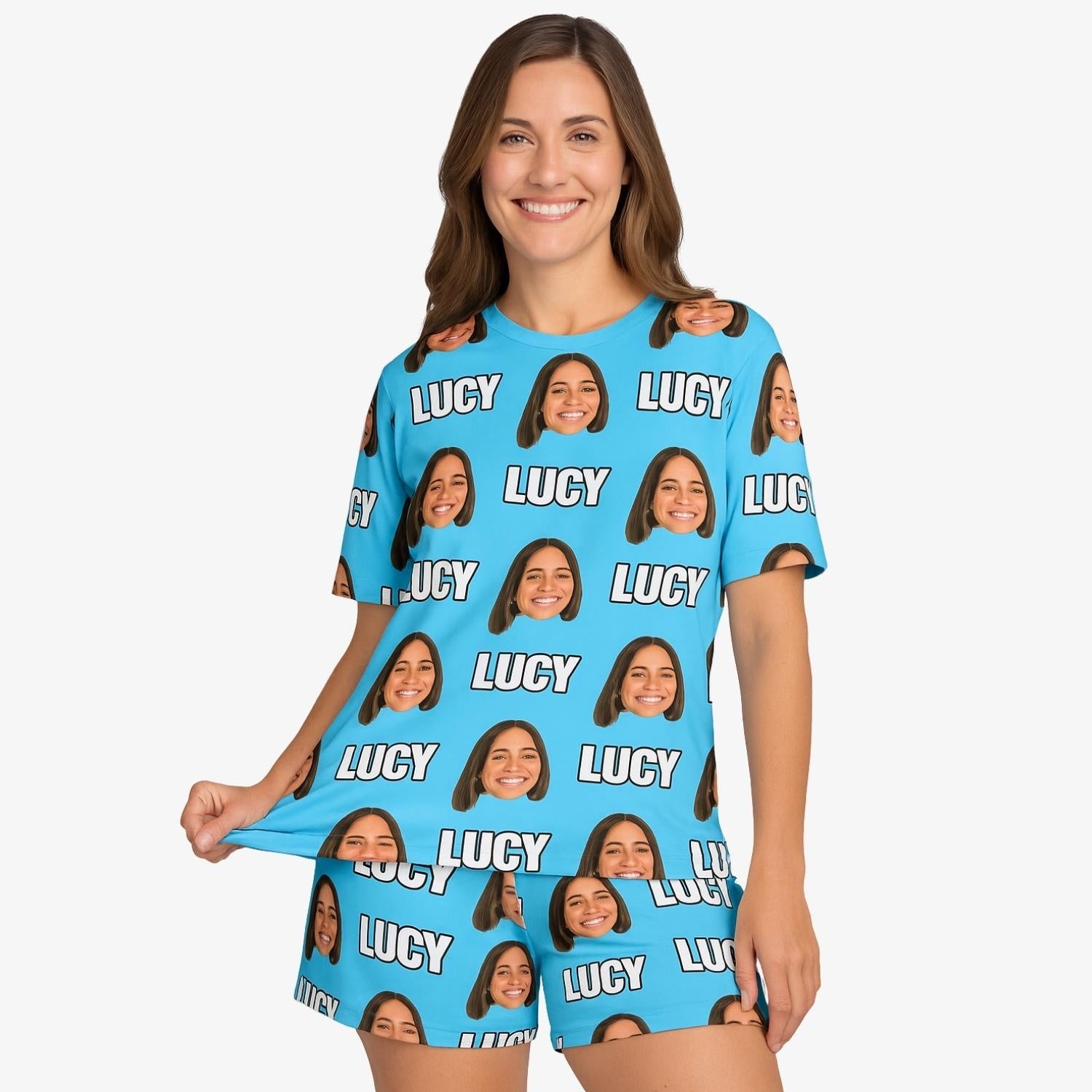your name and face on a pair of custom women's pajamas