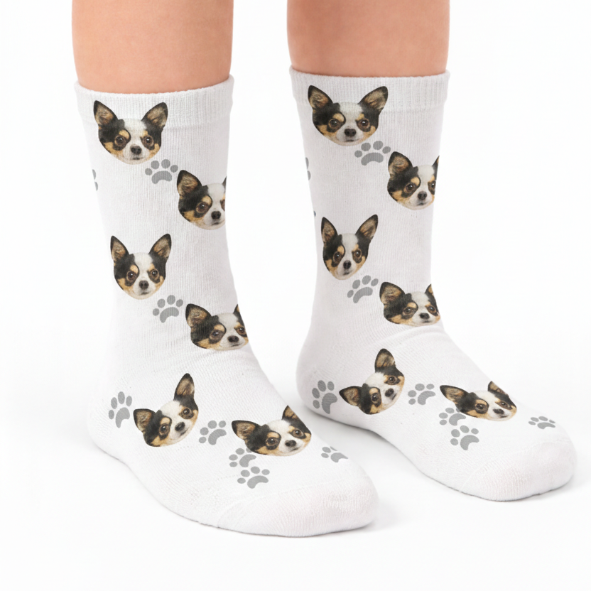 White socks with dog pattern worn by a person on a white background