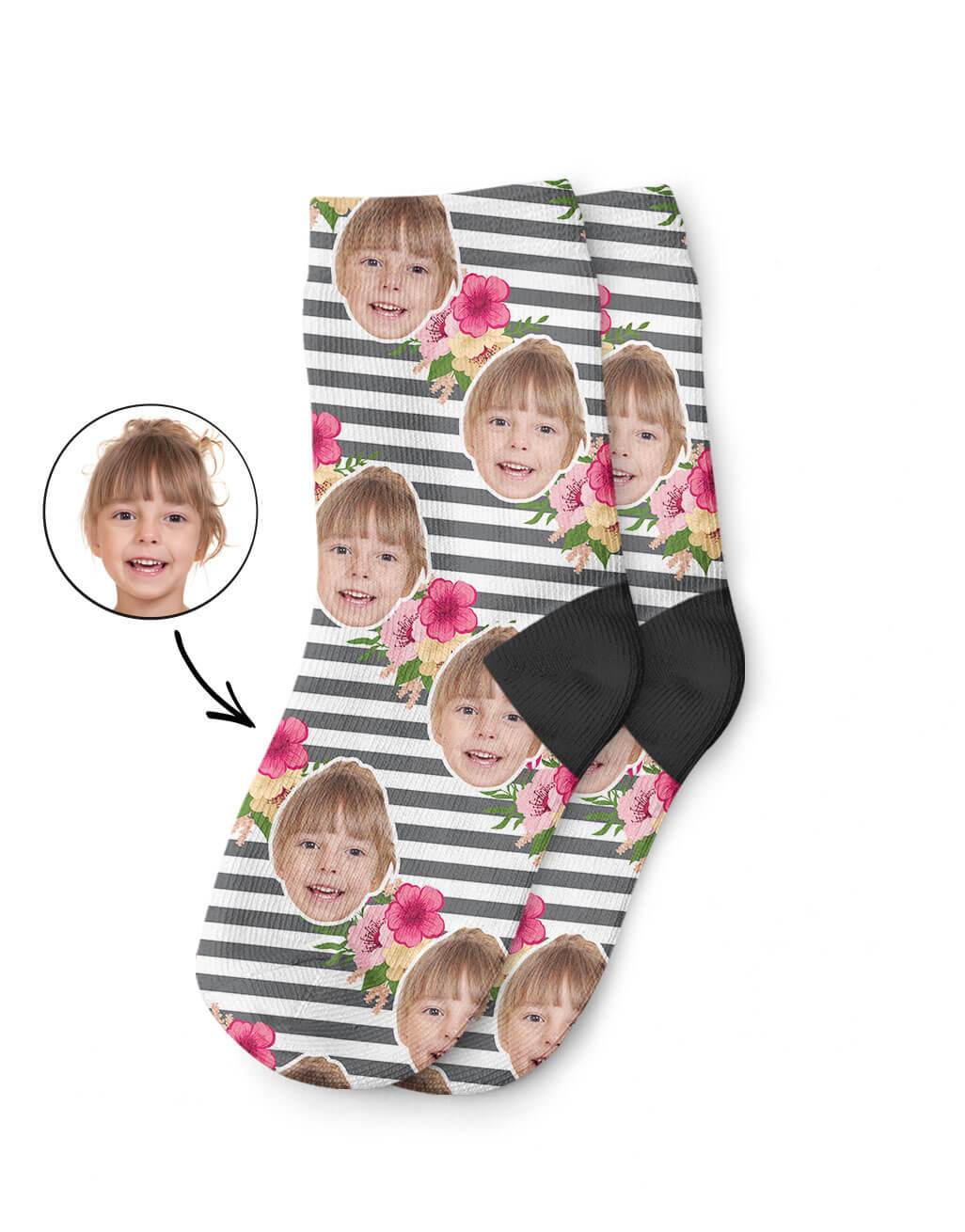 Striped Floral Face Kids Socks