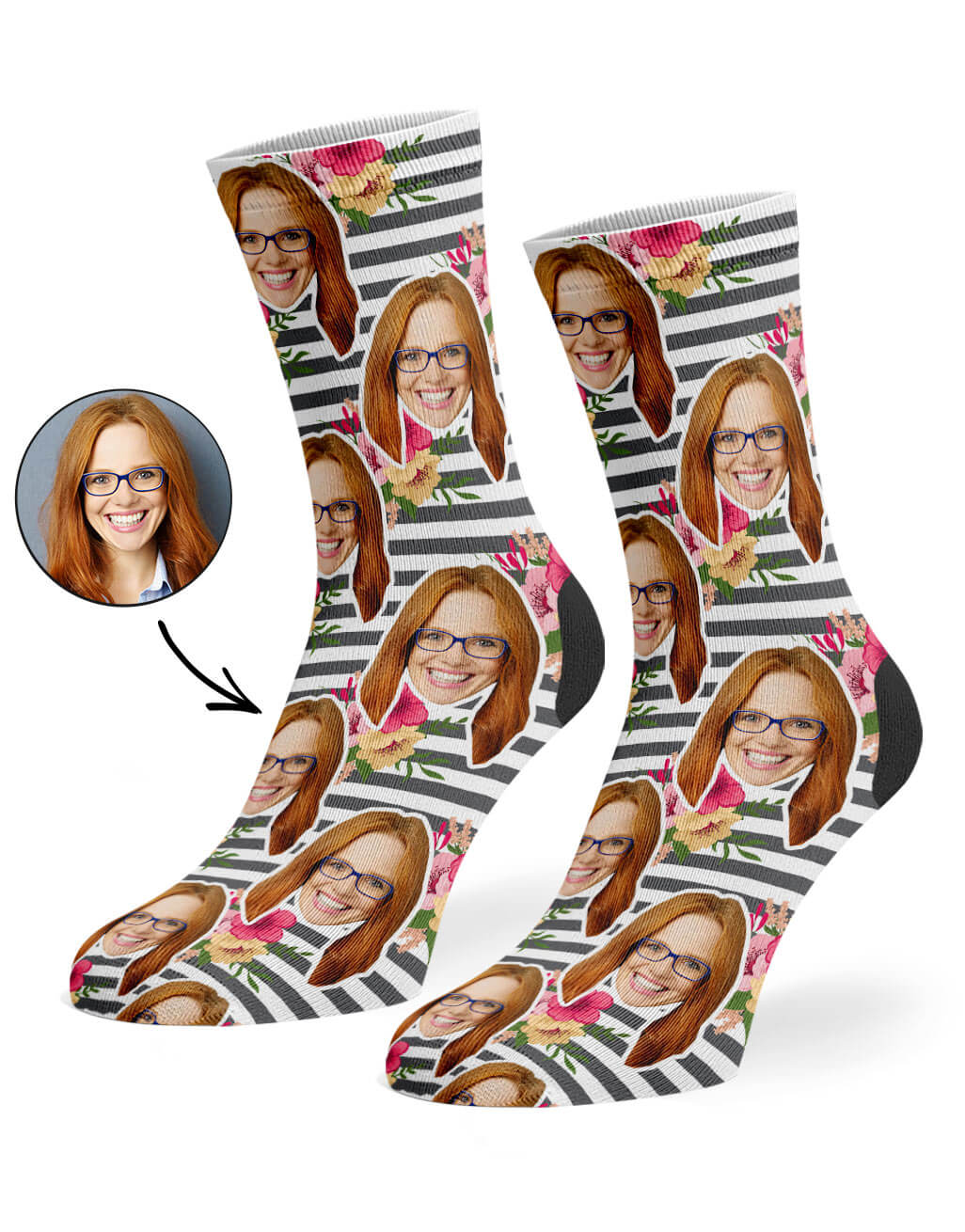 Striped Floral Face Custom Socks